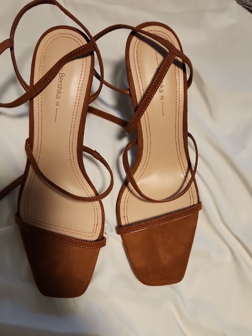 Bershka Tan Suede Strappy Block Heels
